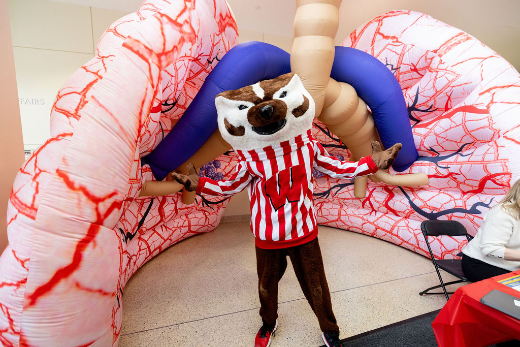 Bucky Badger in front of giant Inflatable Lungs